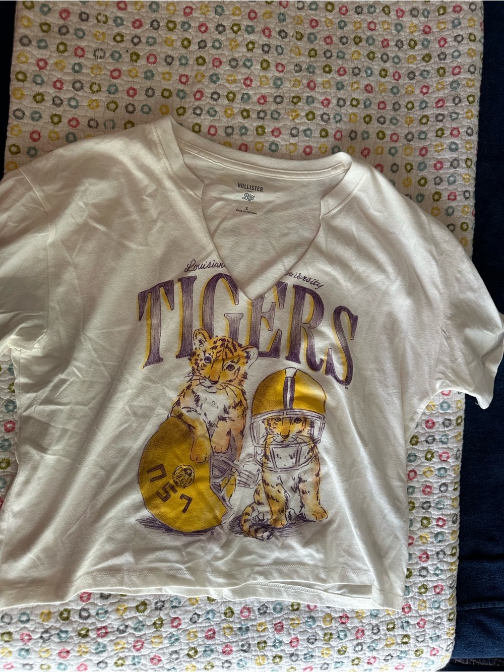 Hollister Cropped White Tee with Purple and Gold LSU 'Tigers' Graphic